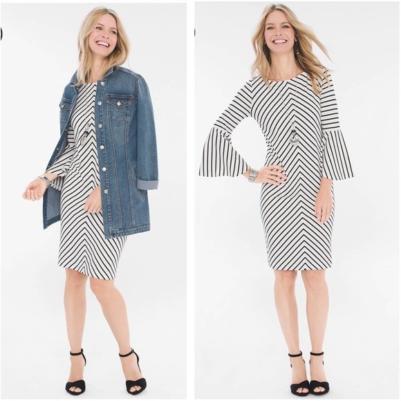 CHICO'S Black & White Striped Dress Flare Long Sleeves - Picture 1 of 11